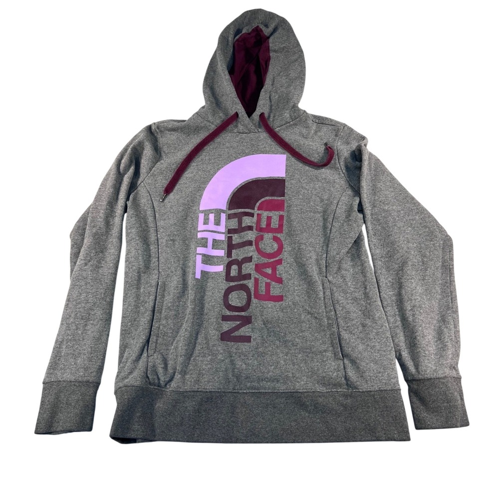 The North Face Womens Gray Vertical Logo Pullover Hoodie Sweatshirt Size Large